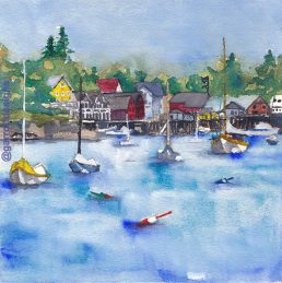 Fishing Docks Stonington Maine in Fog Sailboat Watercolor Art