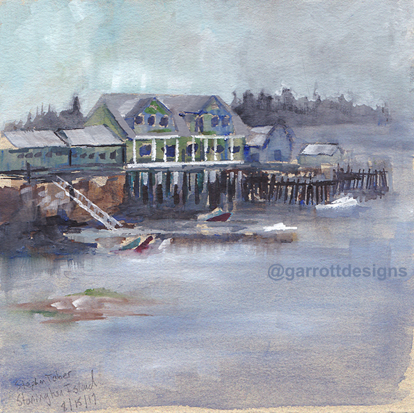 Fishing Docks Stonington Maine in Fog Sailboat Watercolor Art