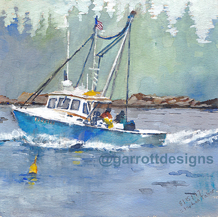 watercolor art Maine Lobster boat collector travel sketches
